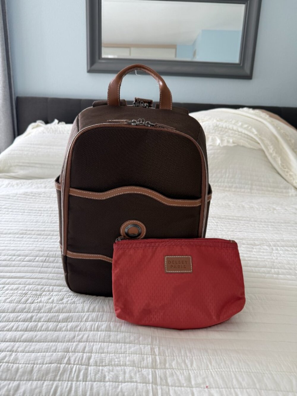 DELSEY Paris Chatelet Brown Travel Laptop Backpack Luggage Pass-Through + Pouch - Picture 3 of 16